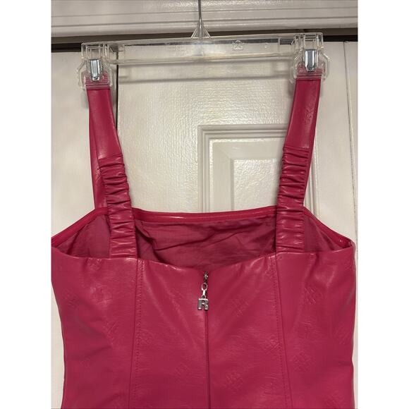NWT Rotate Herlina Mini Dress Size 36 Fuchsia Faux Leather Square Neck Embossed - Picture 5 of 5